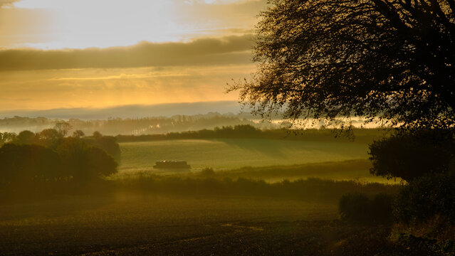 Misty autumn daybreak over Cornish countryside, symbolising a new beginning, a fresh start