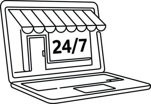 Online e commerce digital storefront laptop vector illustration showing non stop twenty four seven retail shopping concept