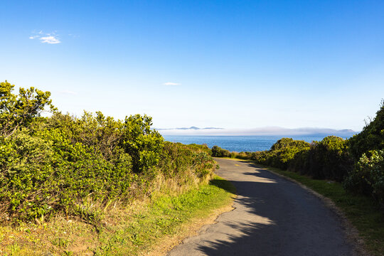 winding asphalt road above the beautiful cliff path with views to Walker Bay, Hermanus, South Africa
