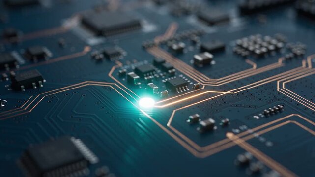 Macro of dark blue circuit board with glowing data pulses traveling along golden traces, technology background