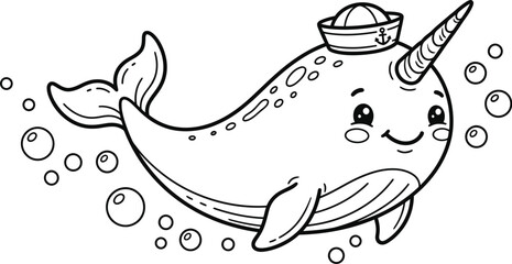 Cute narwhal wearing a sailor hat swimming among bubbles in a black and white sketch © Md Rahat