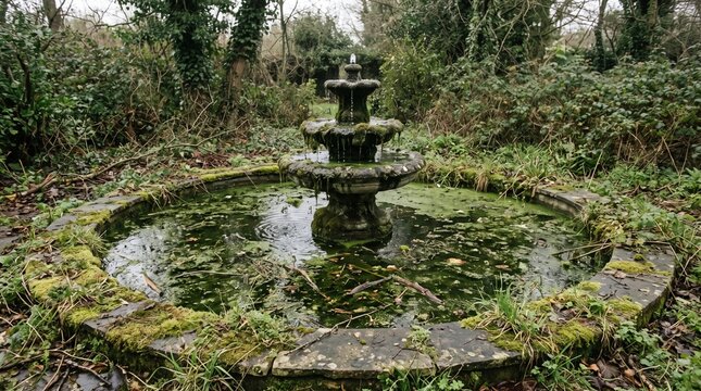 Neglected tiered fountain in murky pond with overgrown vegetation