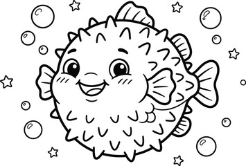 Cute cartoon pufferfish illustration with bubbles and stars for childrens designs © Md Rahat