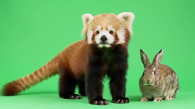 Red panda and wild rabbit standing together on a vibrant green background in a studio wildlife photo