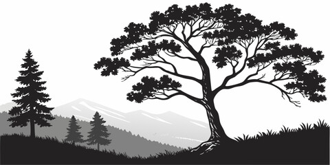 Naklejka premium Landscape in black and white featuring a large tree on a grassy slope with pine trees and distant mountain ranges