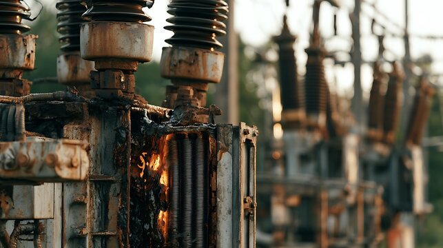 Old high voltage electrical transformer station equipment with insulators.
