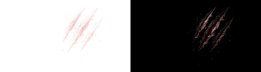 Torn claw scratch marks with three bloody slashes and small droplets for horror and Halloween designs in PNG, Transparent and Black Background Versions © Tanay