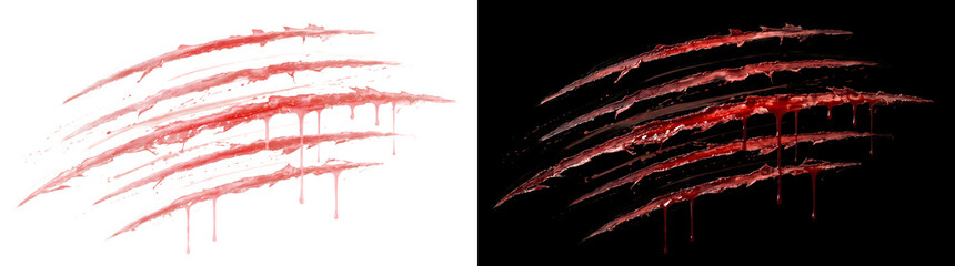 Claw scratches with five dripping bloody red slashes and glossy wounds for horror and Halloween designs in PNG, Transparent and Black Background Versions © Tanay