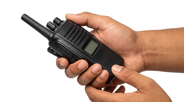 Walkie talkie held securely by two bare hands with visible forearm hair shown as an isolated PNG with transparent background