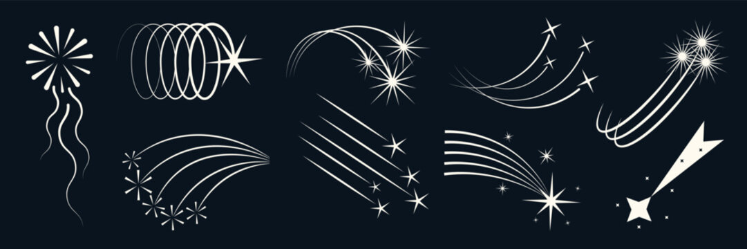 Black y2k falling shooting star pattern vector. Celestial night sky comet trail logo icon illustration. Flat white space confetti sparkle meteor silhouette decoration. Abstract galaxy motion graphic.