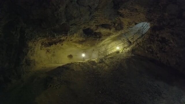 A group of people are walking through a Devil throat cave. The cave is dark and the people are carrying flashlights