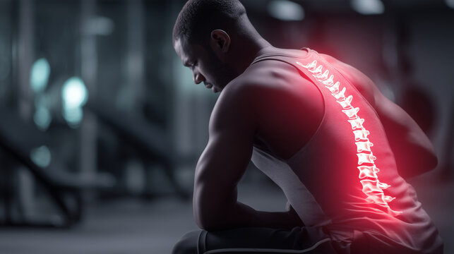 Male athlete experiencing lower back pain after exercise, with a glowing spinal column highlighting discomfort, injury and musculoskeletal health in a modern gym environment.