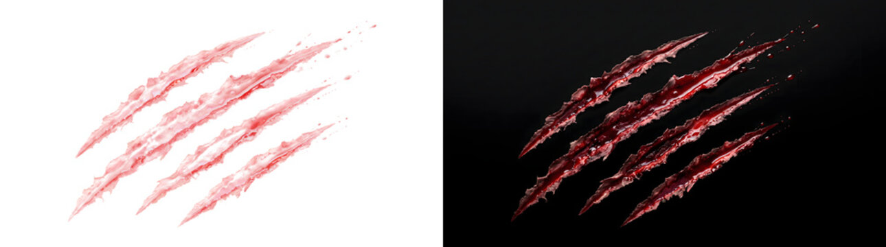 Four claw scratch marks with deep bloody wounds and glossy red texture for horror and Halloween designs in PNG, Transparent and Black Background Versions