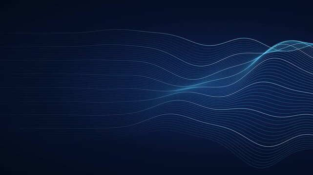 Abstract blue contour lines flowing across a dark background, creating a smooth dynamic wave pattern suitable for technology, data, motion, and modern visual backgrounds.