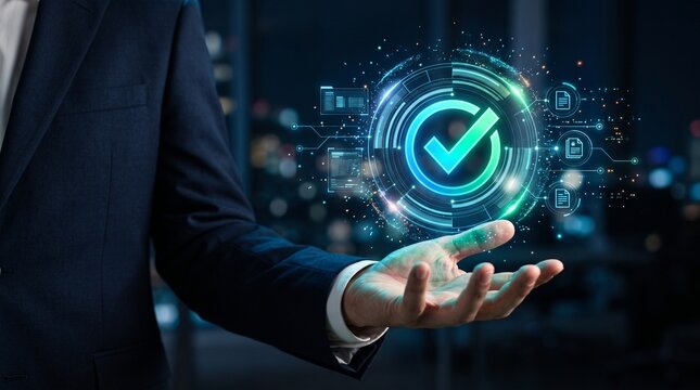 A person displays a verification symbol with a circular digital interface and glowing network connections authentication approval certification