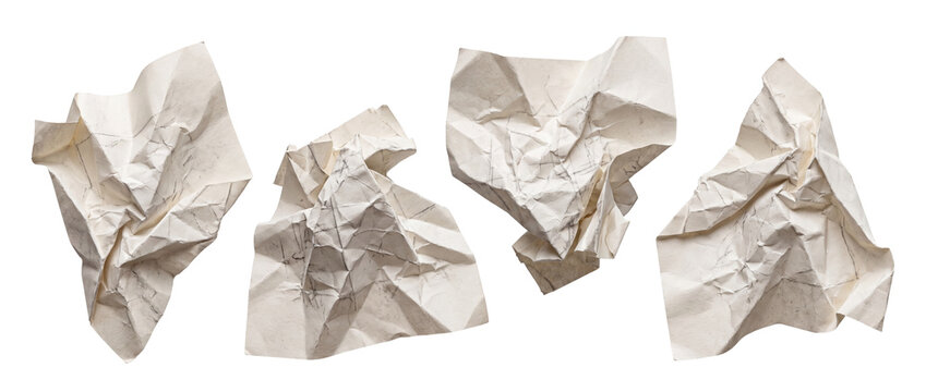 Crumpled white paper sketch texture isolated on black background set of four wrinkled design elements for artistic overlays creative mockups representing discarded ideas frustration and abstract grung