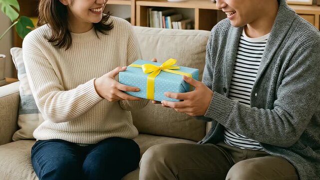 自宅で男性にプレゼントを手渡す女性