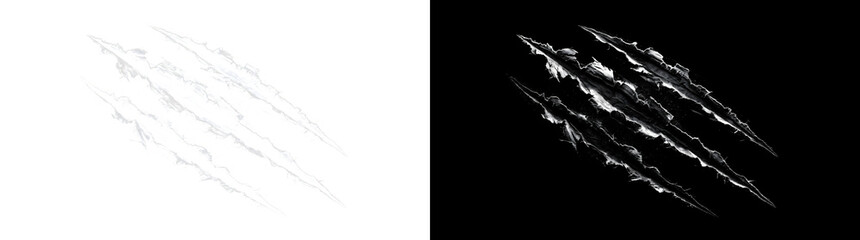 Diagonal claw scratch marks with four deep torn grooves and rough ripped edges on black surface for horror designs in PNG, Transparent and Black Background Versions © Tanay