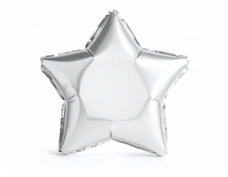 Blank silver foil star balloon mockup isolated on white background, metallic star shape with copy space for logo and text