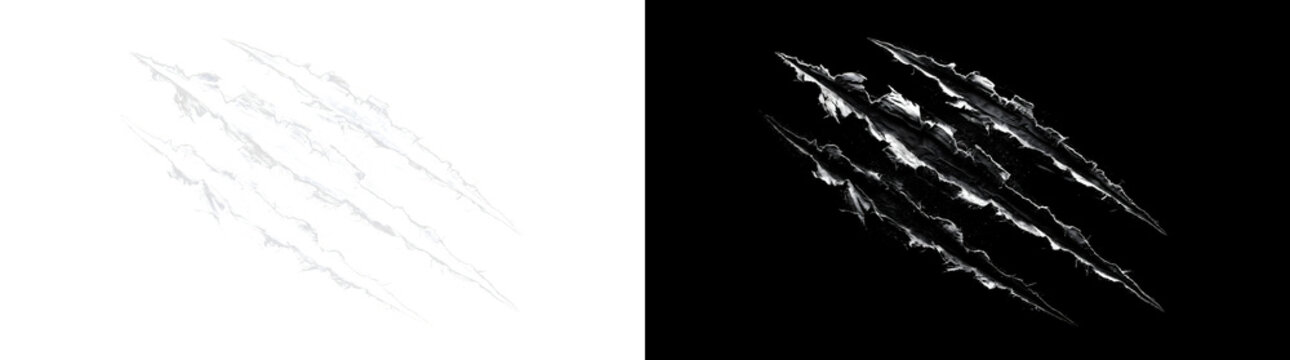 Diagonal claw scratch marks with four deep torn grooves and rough ripped edges on black surface for horror designs in PNG, Transparent and Black Background Versions