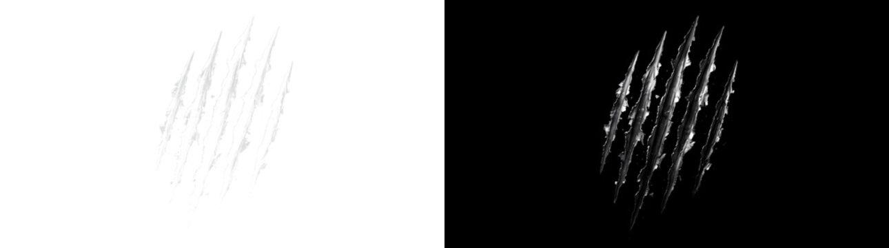 Five vertical claw scratch marks with deep torn grooves and sharp ragged edges on black surface for horror designs in PNG, Transparent and Black Background Versions