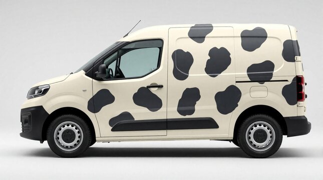 White delivery van with black cow pattern wrap mockup. Side view of small commercial vehicle with milk spots design. Cargo van for dairy farm branding funny logistics service on plain grey