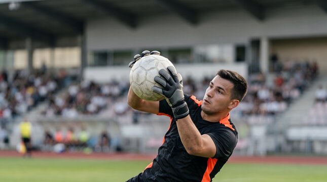Professional soccer goalkeeper catching the ball during a competitive match.