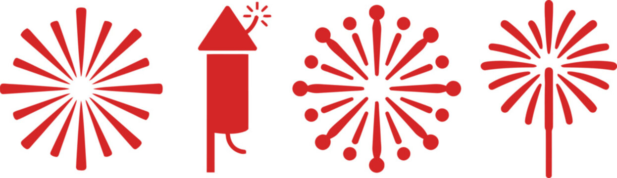A series of red explosive pyrotechnic elements including a launching rocket and radiant starburst patterns creates a festive atmosphere for celebrating national independence days or seasonal