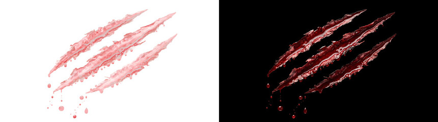 Three bloody claw scratch marks with glossy deep wounds and falling red droplets for horror and Halloween designs in PNG, Transparent and Black Background Versions © Tanay