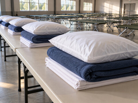 Folded bedding kits prepared beside empty shelter cots