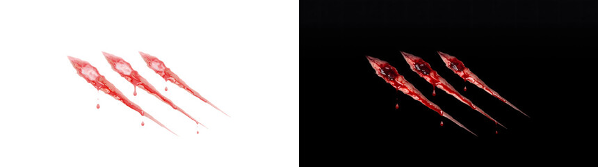 Three bloody claw scratch marks with deep red wounds and falling blood drops for horror and Halloween designs in PNG, Transparent and Black Background Versions © Tanay