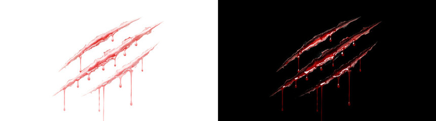 Three bloody claw scratch marks with long running blood drips and glossy red wounds for horror and Halloween designs in PNG, Transparent and Black Background Versions © Tanay
