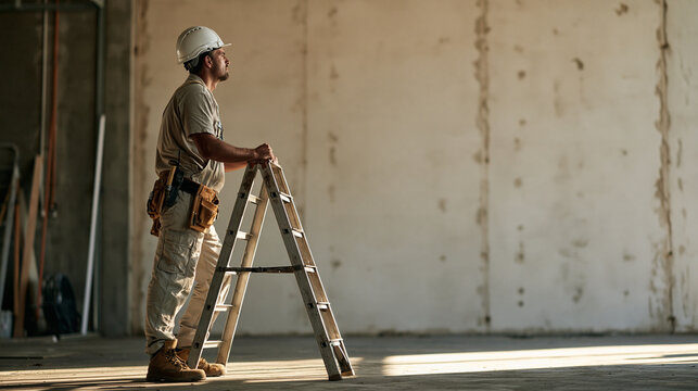 Professional contractor standing beside an absurdly small ladder