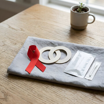 Red awareness ribbon beside wooden rings and testing swab