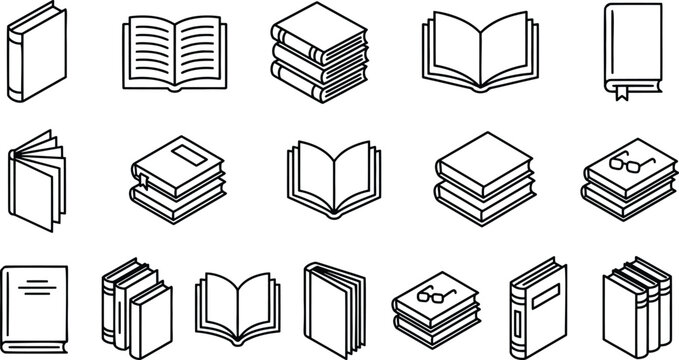 Isometric books vector set, outline book icons collection, open and closed reading literature symbols, education and library graphic design elements