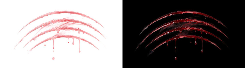 Four arched bloody claw scratch marks with thin red cuts and dripping blood for horror and Halloween designs in PNG, Transparent and Black Background Versions © Tanay
