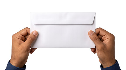 Envelope with a rounded flap held by two hands in navy blue sleeves shown as an isolated PNG with transparent background © Abdulmalek