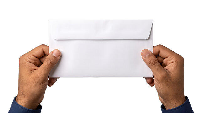 Envelope with a rounded flap held by two hands in navy blue sleeves shown as an isolated PNG with transparent background