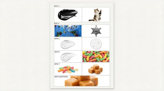 Grid chart containing various images including a cat blue stairs a star badge cosmetic textures with structured grid layout displays multiple distinct images categorized rows