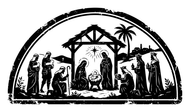 Nativity scene silhouette with holy family three kings and shepherds in distressed vintage style