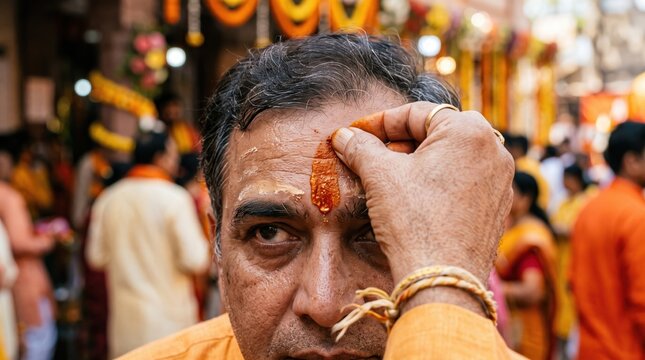 Devotee receiving saffron tilak on forehead during Ram Navami celebration. Close up of Hindu ritual sacred mark applied during religious festival