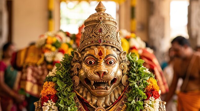 Frontal close up of brass Narasimha Swamy utsava murti decorated with floral garlands. Sacred Hindu lion deity idol adorned with crown and flowers during temple festival
