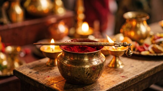 Close up of traditional brass kuhi container filled with red sindoor powder. Sacred vermillion and oil diya lamps on temple altar during Kamakhya ritual worship