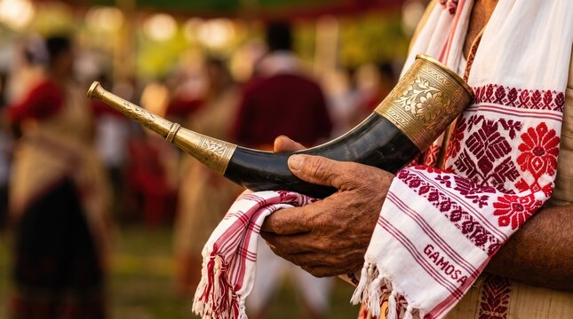 Closeup of an elder musician holding a traditional horn pepa instrument with an Assamese gamosa. Bohag Bihu folk celebration in Assam