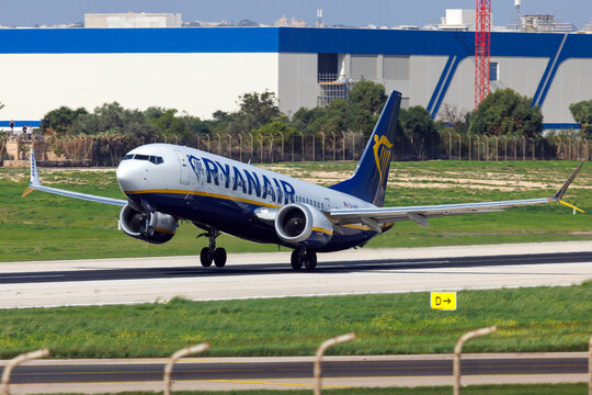 Luqa, Malta - October 7, 2026: Ryanair Boeing 737-8 MAX 200 (REG: EI-HGS) taking off runway 13 to Venice, Italy (TSF) as flight number FR3871.