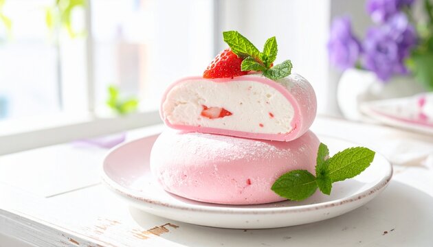 Delicious strawberry mochi with cream filling and fresh mint on a white plate by a window