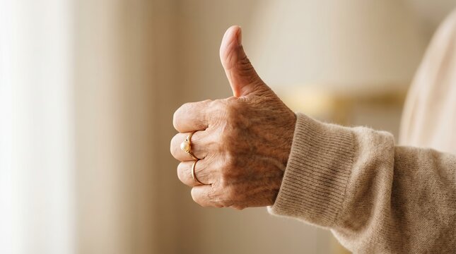 親指を立てて賛同を示す高齢者の手元。肯定と成功の合図。信頼と健康を象徴する仕草