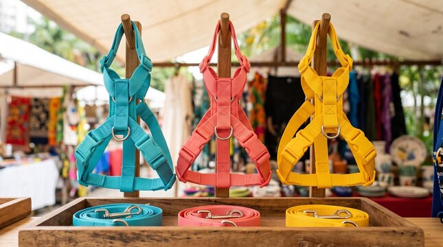 Colorful dog harnesses on hooks, Matching leashes at market stall, Bright outdoor pet accessory shopping, Clear buckles and stitched attachments, Woven fabric street retail display