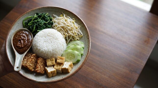 Nasi pecel with rice, vegetables, tofu, tempeh, and peanut sauce, composed with copy space for Indonesian restaurant advertising, menus, food delivery, and culinary campaigns