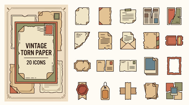 Vintage torn paper icons with aged documents letters and wax seals for scrapbook and retro design.